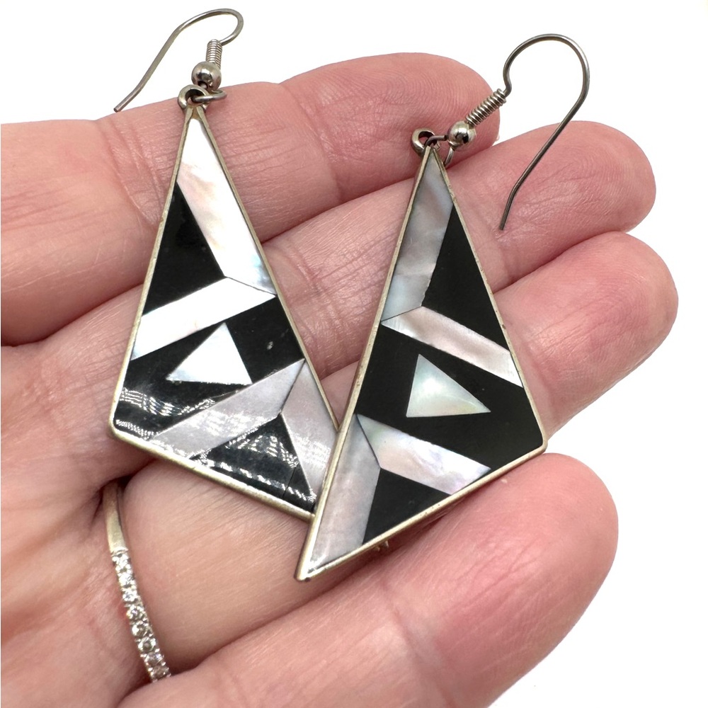 Vintage Alpaca Silver Mother-of-Pearl Triangle Drop Earrings
